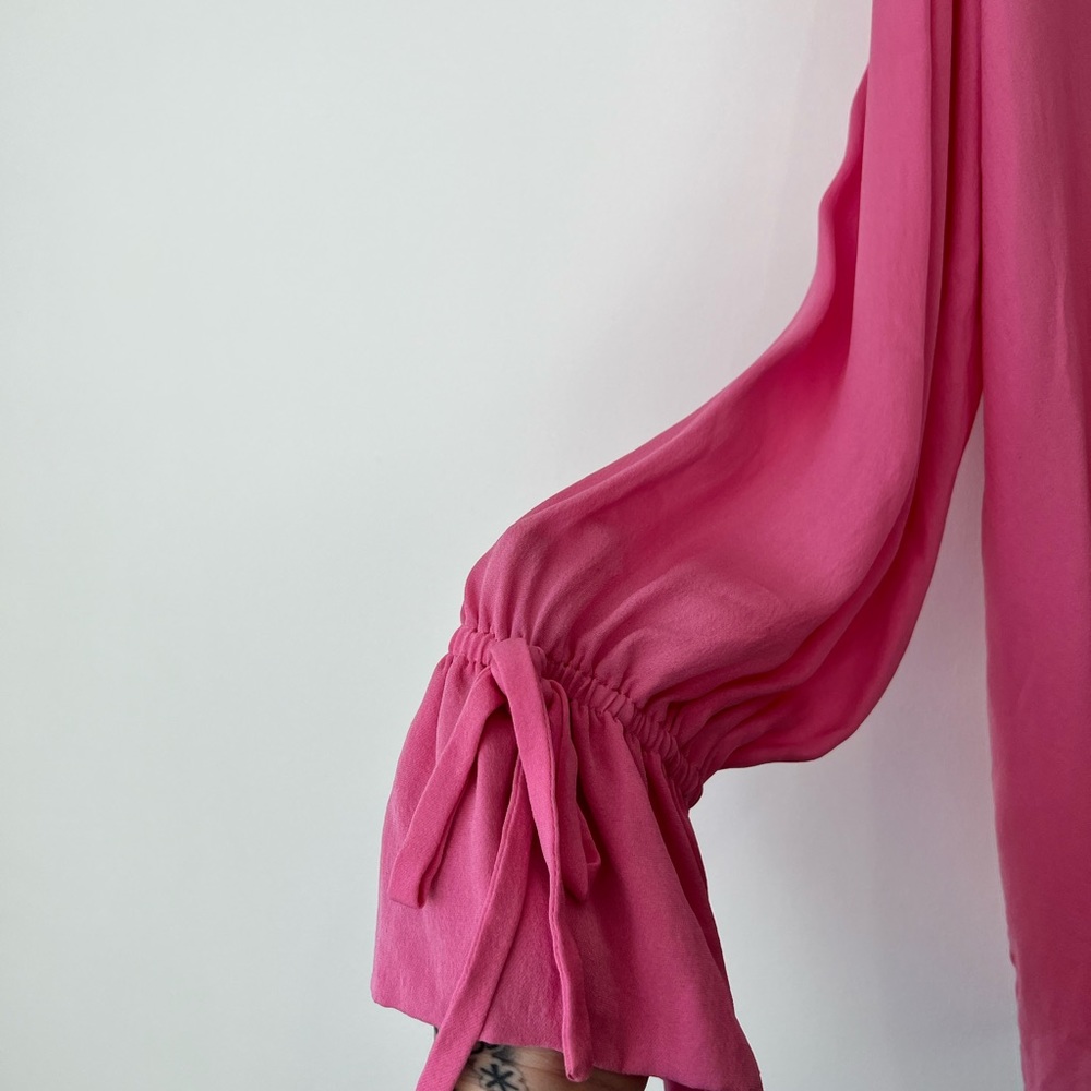 Etro Pink 100% Silk Ruffled Neckline Oversized Button Up Tie Blouse UK L - Picture 10 of 15